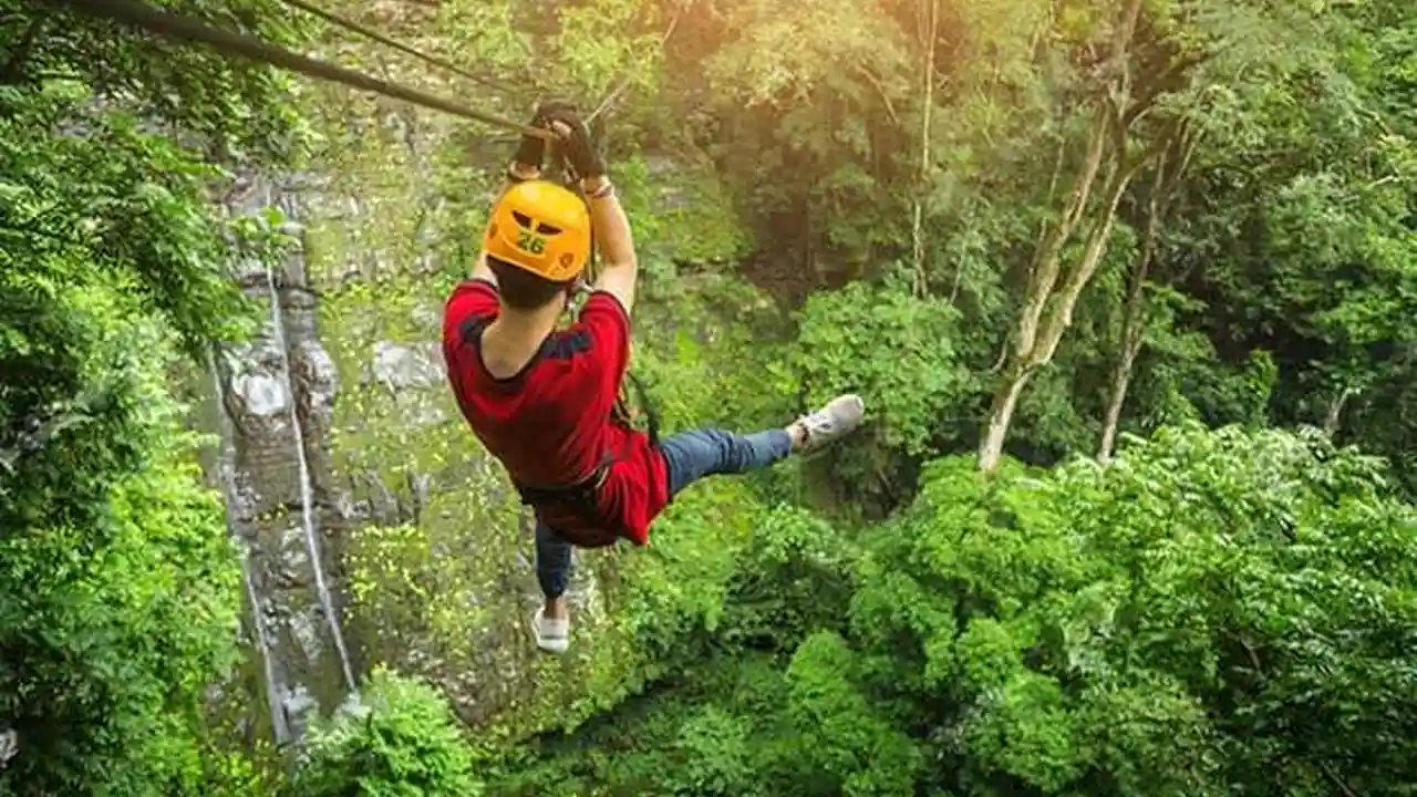 blue bowl of black bean beef tortilla soup on a board with cilantro and shredded cheese in background